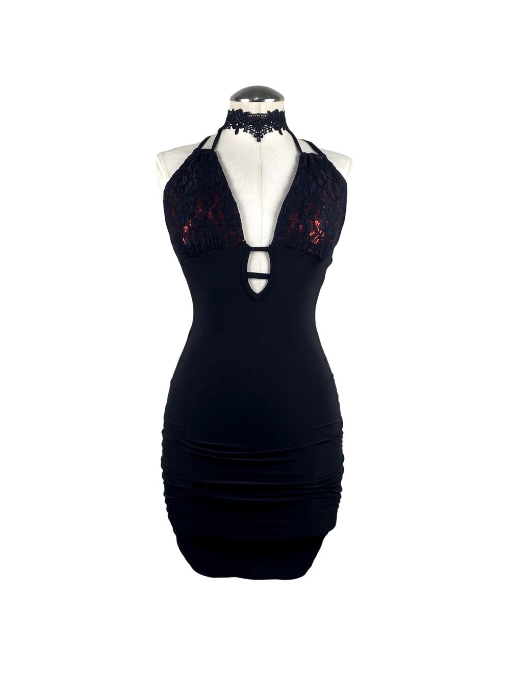 Vtg 90's Entry Sequin Bodycon Open Back Halter Romantic Clubbing Mini Dress Goth